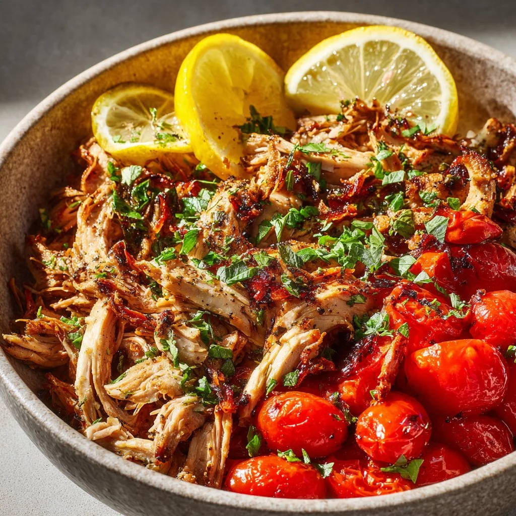 Slow Cooker Greek Goddess Shredded Chicken served in a bowl with herbs.