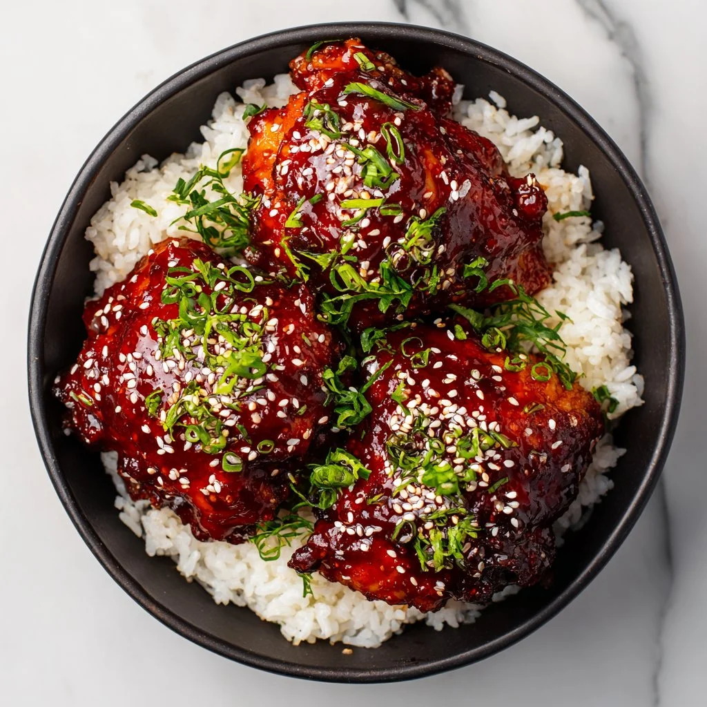 Slow Cooker Honey Garlic Chicken served with rice and vegetables