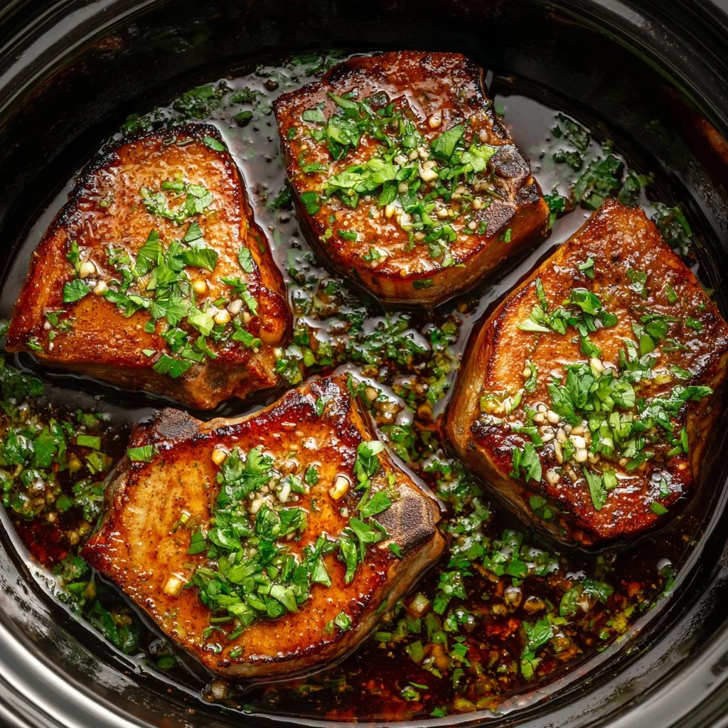Slow cooker honey garlic pork chops served with vegetables