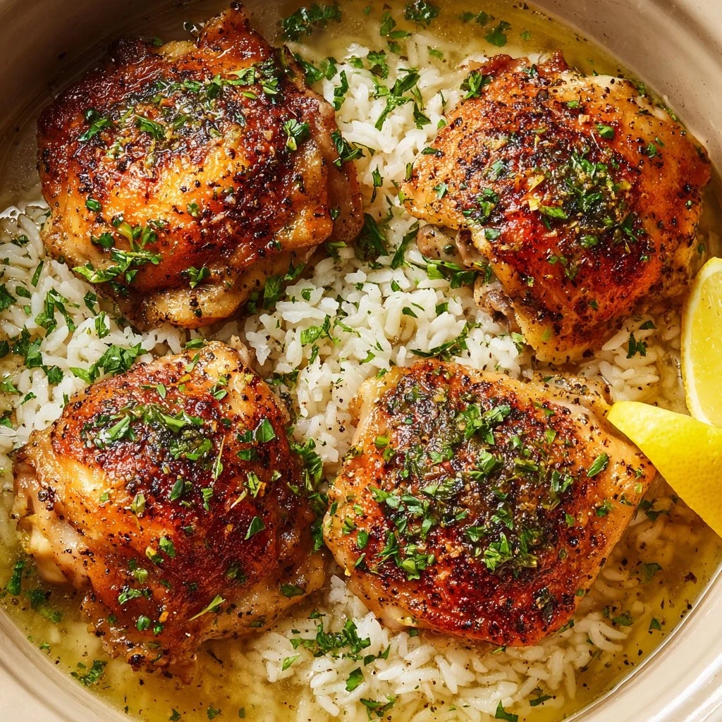 Slow Cooker Lemon Herb Chicken served with fluffy rice in a bowl