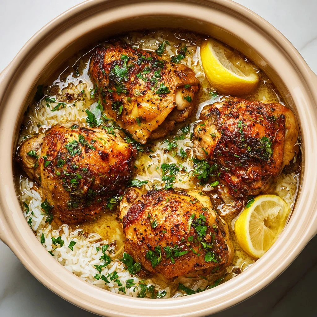 Slow Cooker Lemon Herb Chicken served with fluffy rice on a plate