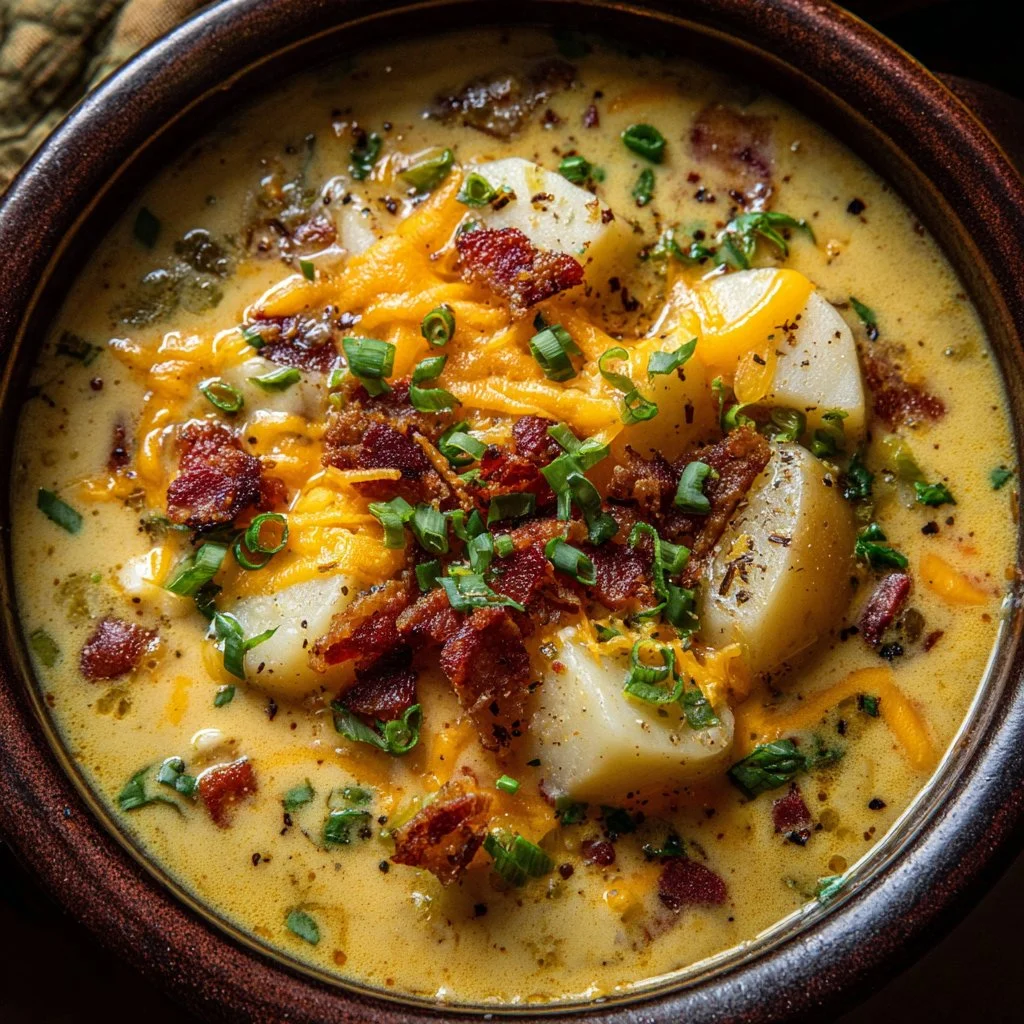 Delicious slow cooker loaded potato soup topped with cheese and green onions