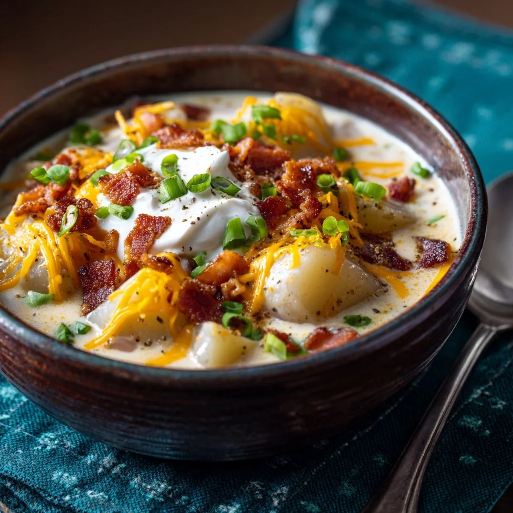 Bowl of slow cooker loaded potato soup topped with cheese and chives