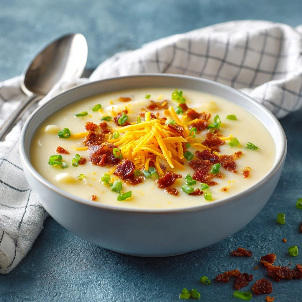 Delicious slow cooker potato soup in a bowl, garnished with chives