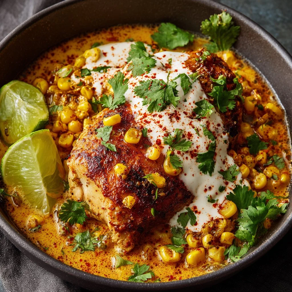 Creamy Slow Cooker Street Corn Chicken garnished with fresh herbs