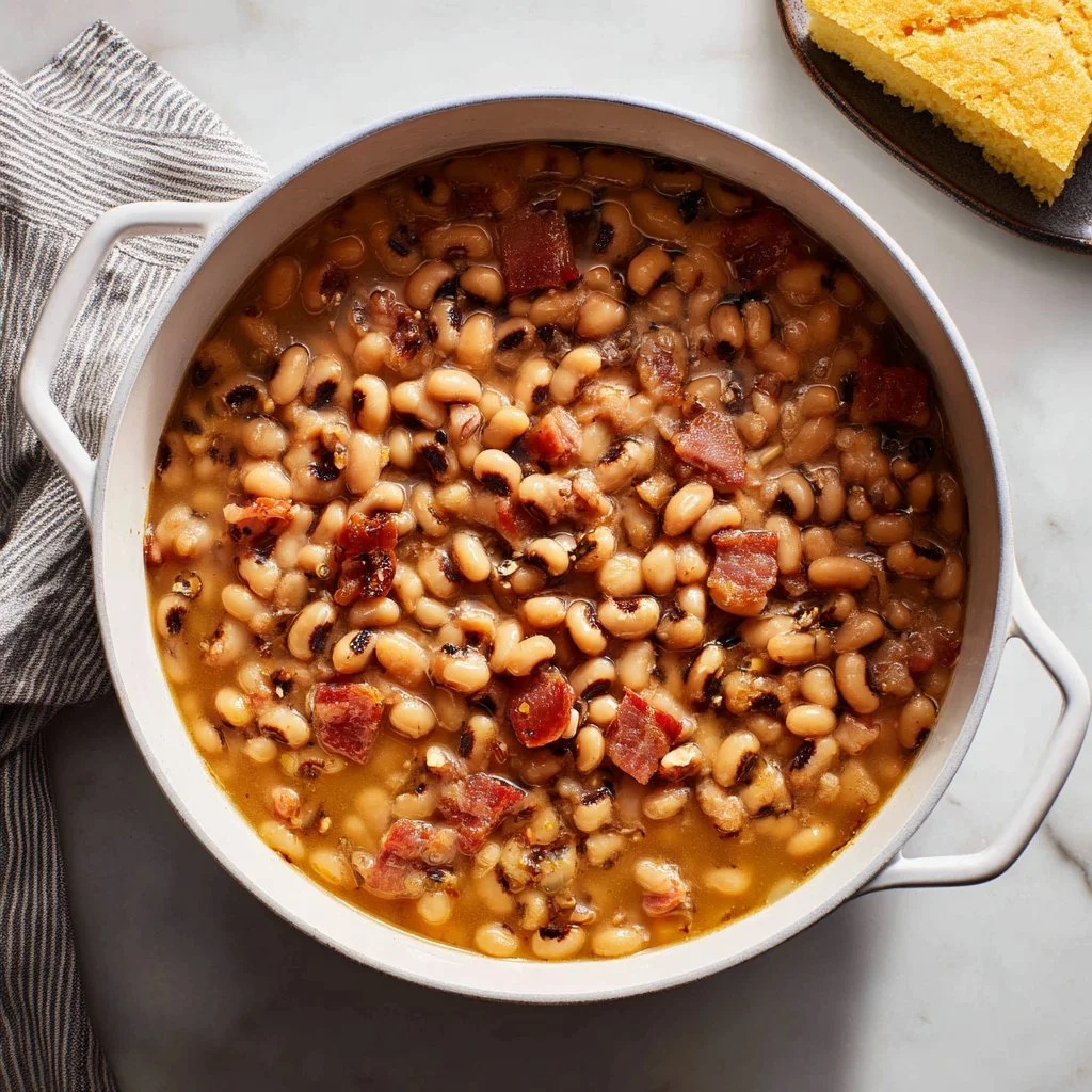 Southern Black-Eyed Peas cooked with traditional spices and served on a plate.
