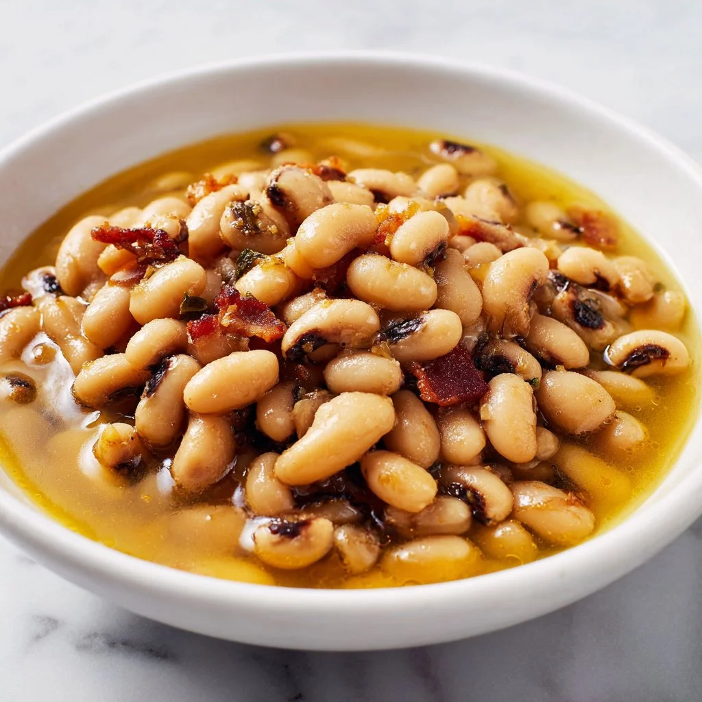 Delicious Southern Black Eyed Peas served in a bowl garnished with herbs
