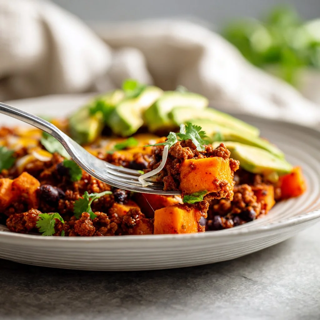 Southwestern ground beef sweet potato skillet dish served in a pan