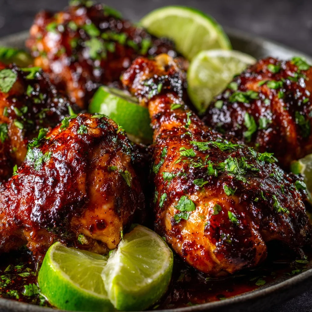 Spicy Honey-Lime Chicken garnished with fresh herbs and lime slices.