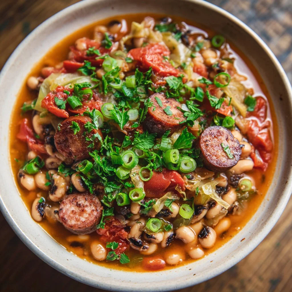 Delicious bowl of spicy Southern black-eyed peas with sausage on a wooden table.