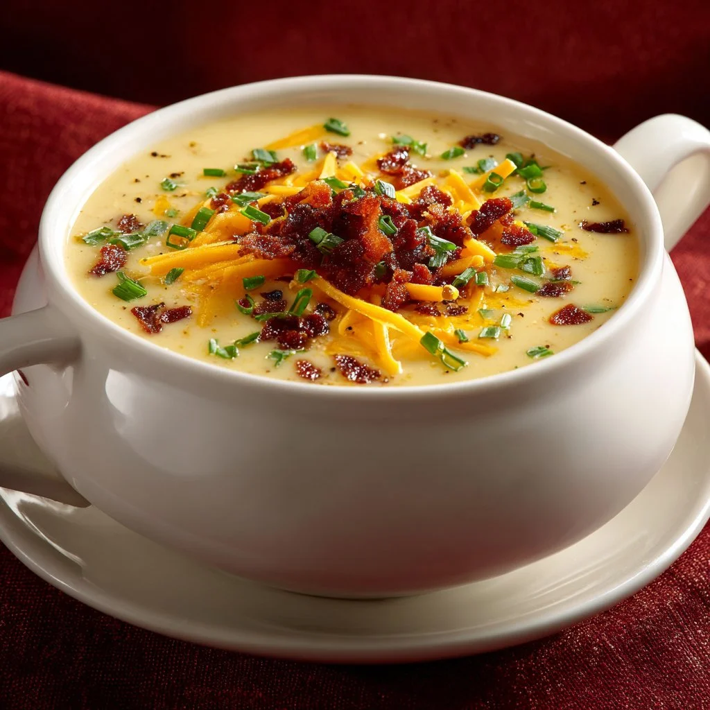 Creamy steakhouse-style loaded potato soup topped with cheese and bacon