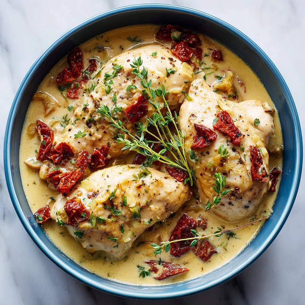 Sun-Dried Tomato Crockpot Chicken in a slow cooker with vibrant ingredients