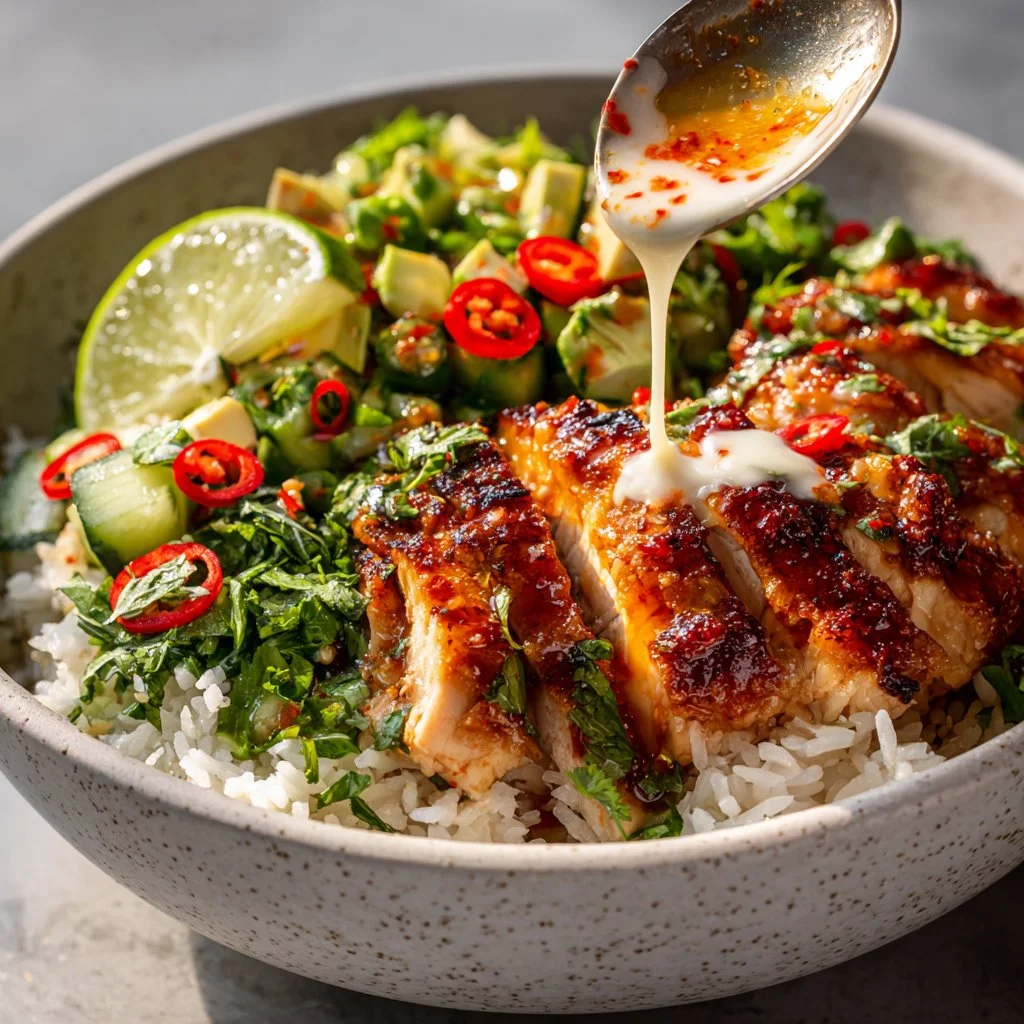 Sweet Chili Chicken Bowl with Coconut Lime Drizzle garnished with fresh herbs.