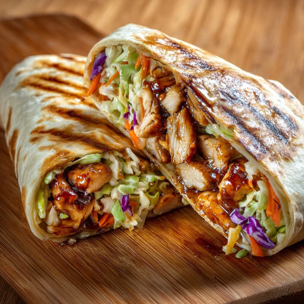 Delicious teriyaki chicken wrap filled with fresh vegetables and sauce