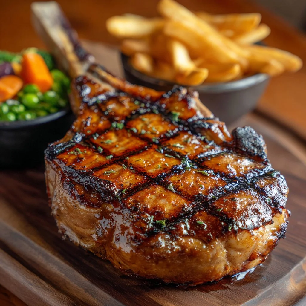 Delicious grilled Texas Roadhouse pork chop served with sides