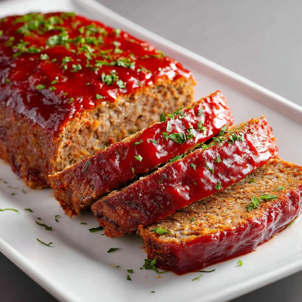 Delicious classic meatloaf on a plate with garnish