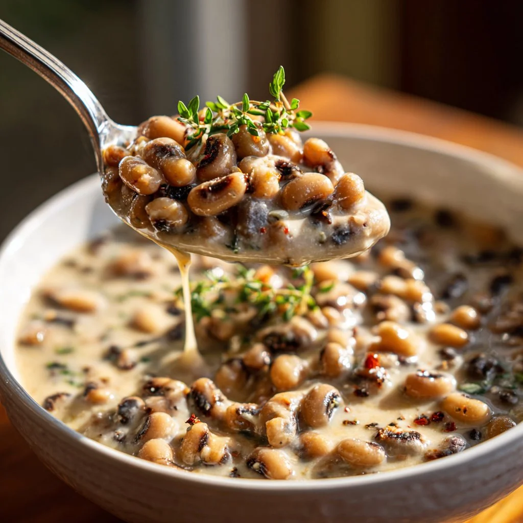 Creamy Southern black eyed peas dish served in a bowl, garnished with herbs