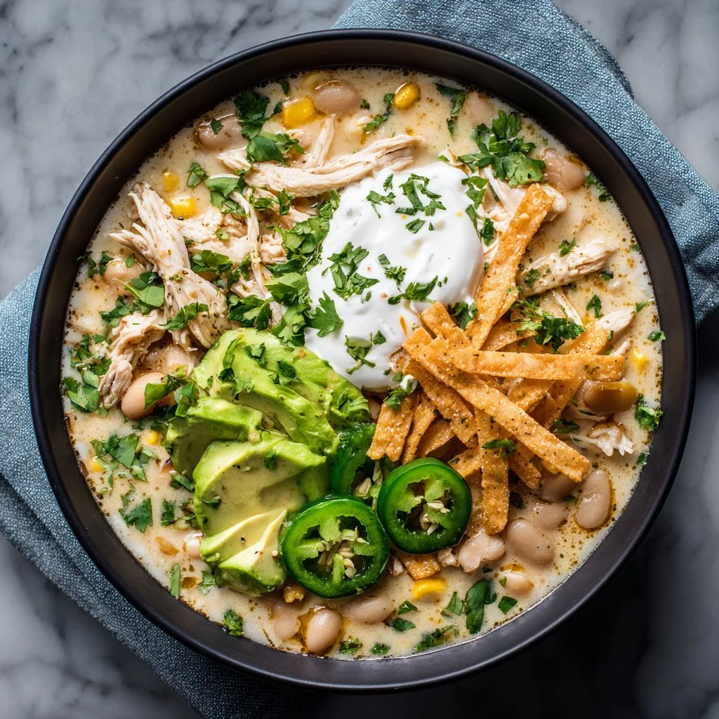 Bowl of creamy white chicken chili made in a crockpot