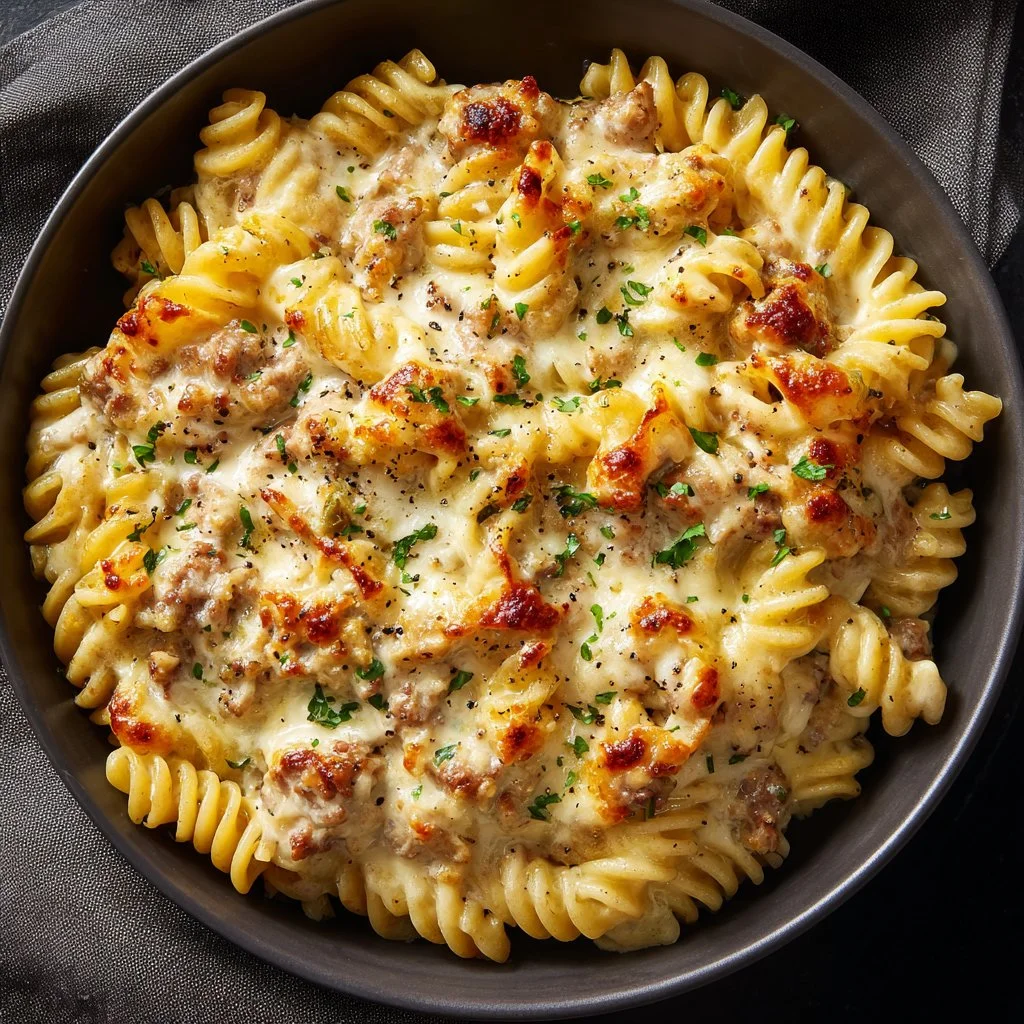 Crockpot Garlic Parmesan Chicken Pasta served in a bowl with flavorful sauce