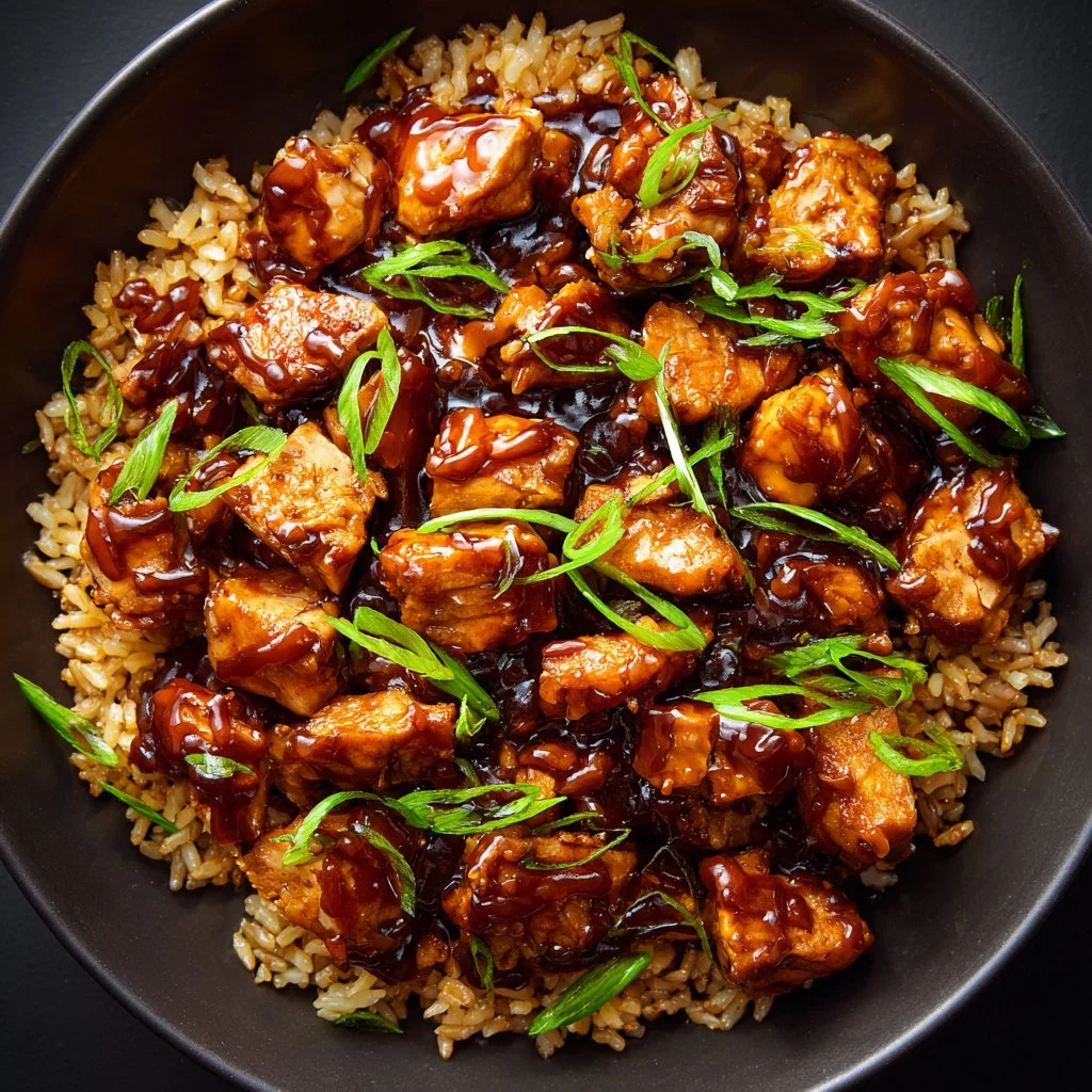 Delicious Honey BBQ Chicken served over rice in a vibrant dish