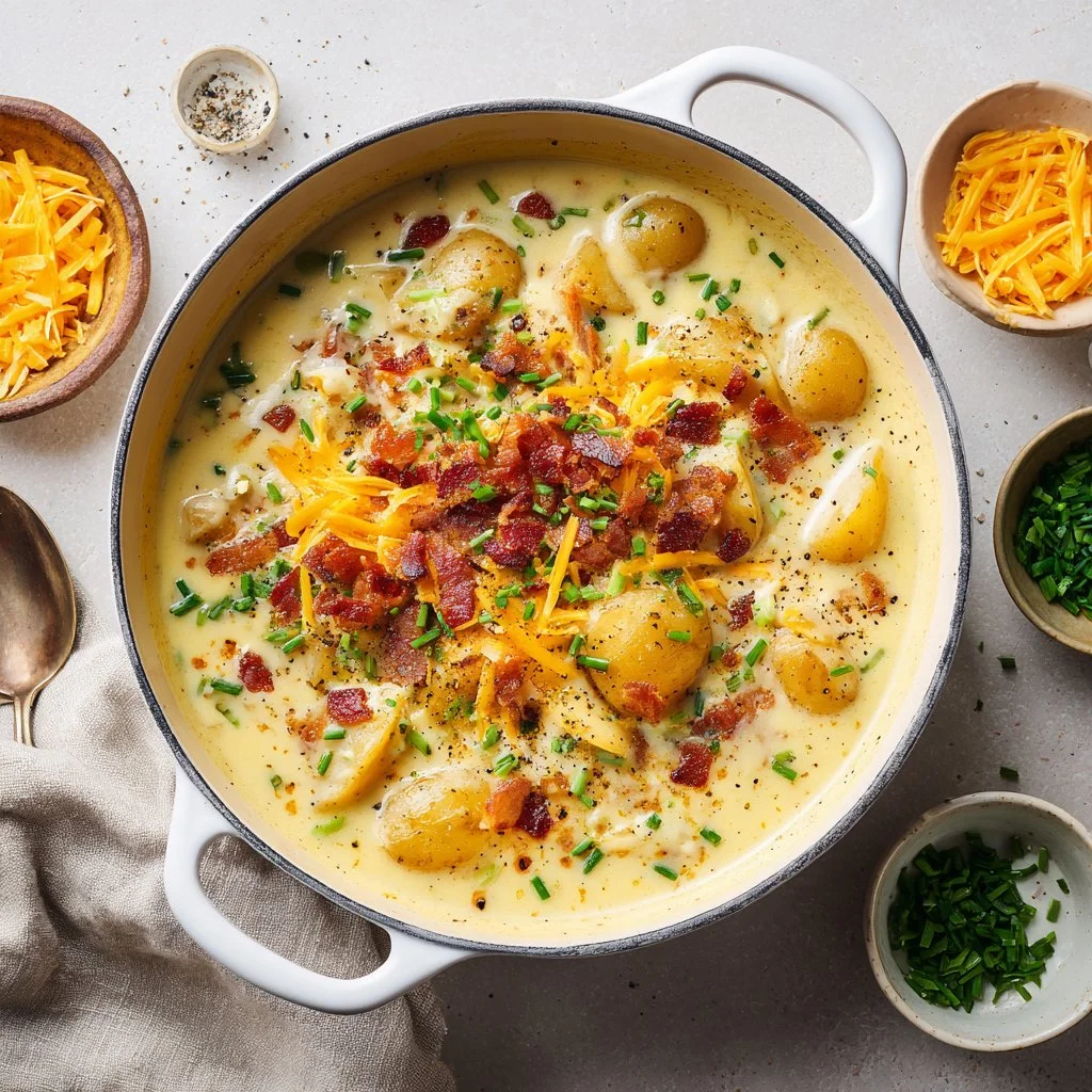 Bowl of loaded potato soup topped with bacon, cheese, and green onions