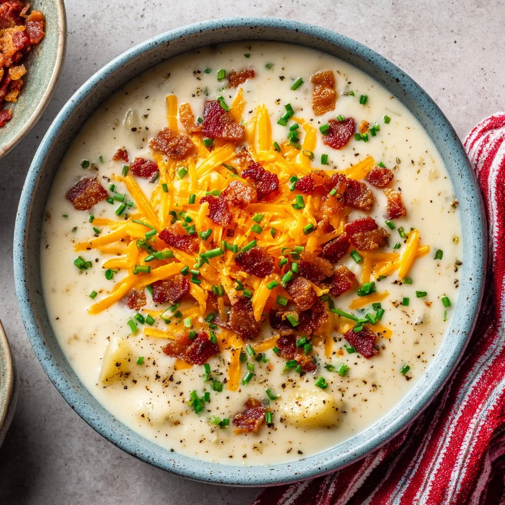 Creamy loaded baked potato soup in a bowl with toppings.