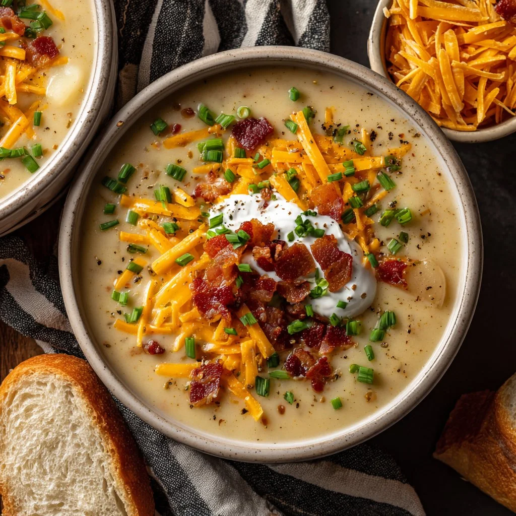 Bowl of rich and creamy potato soup garnished with herbs