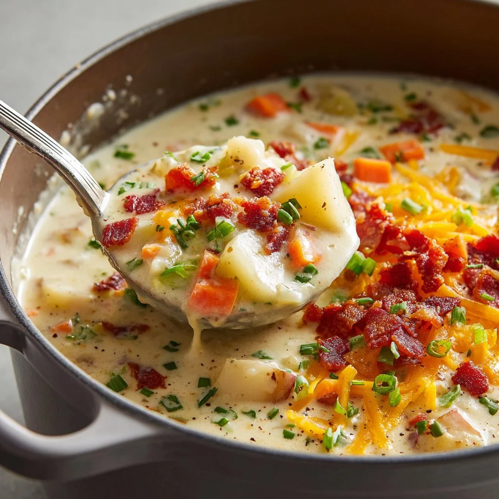 Bowl of creamy potato soup topped with herbs and seasonings