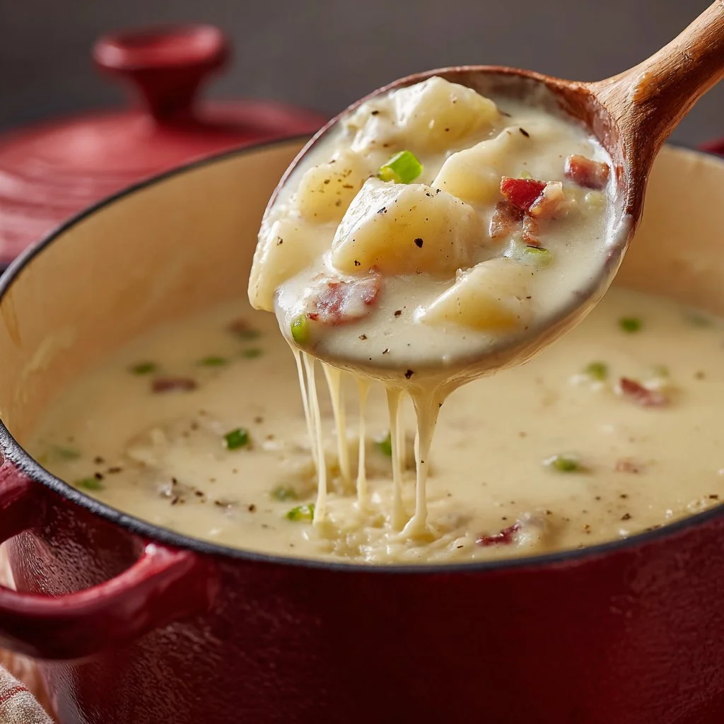 Bowl of thick and creamy loaded potato soup garnished with bacon and chives