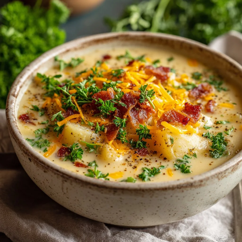 Bowl of creamy loaded potato soup garnished with cheese and chives