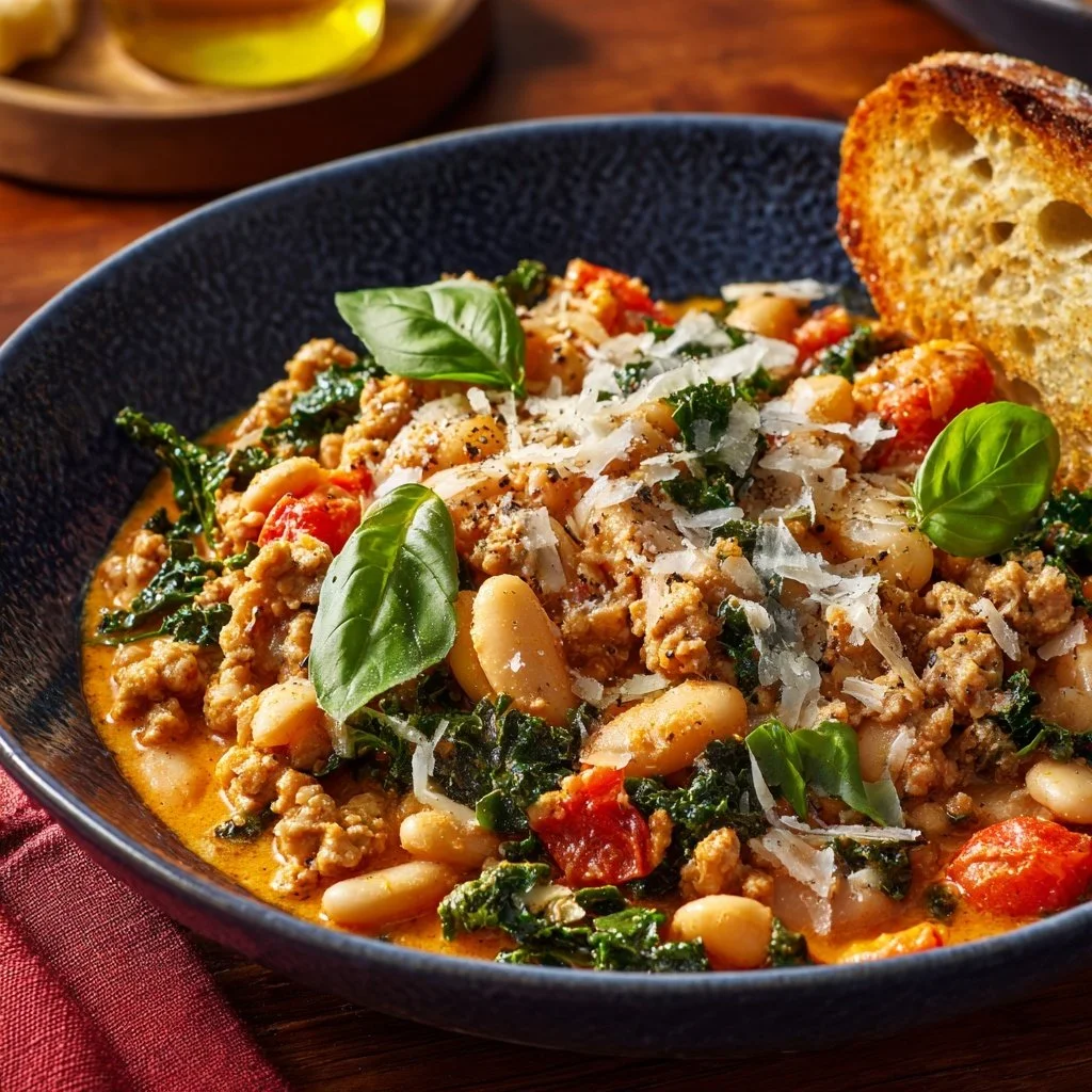 Tuscan Turkey and White Bean Skillet recipe featuring vibrant vegetables and spices.