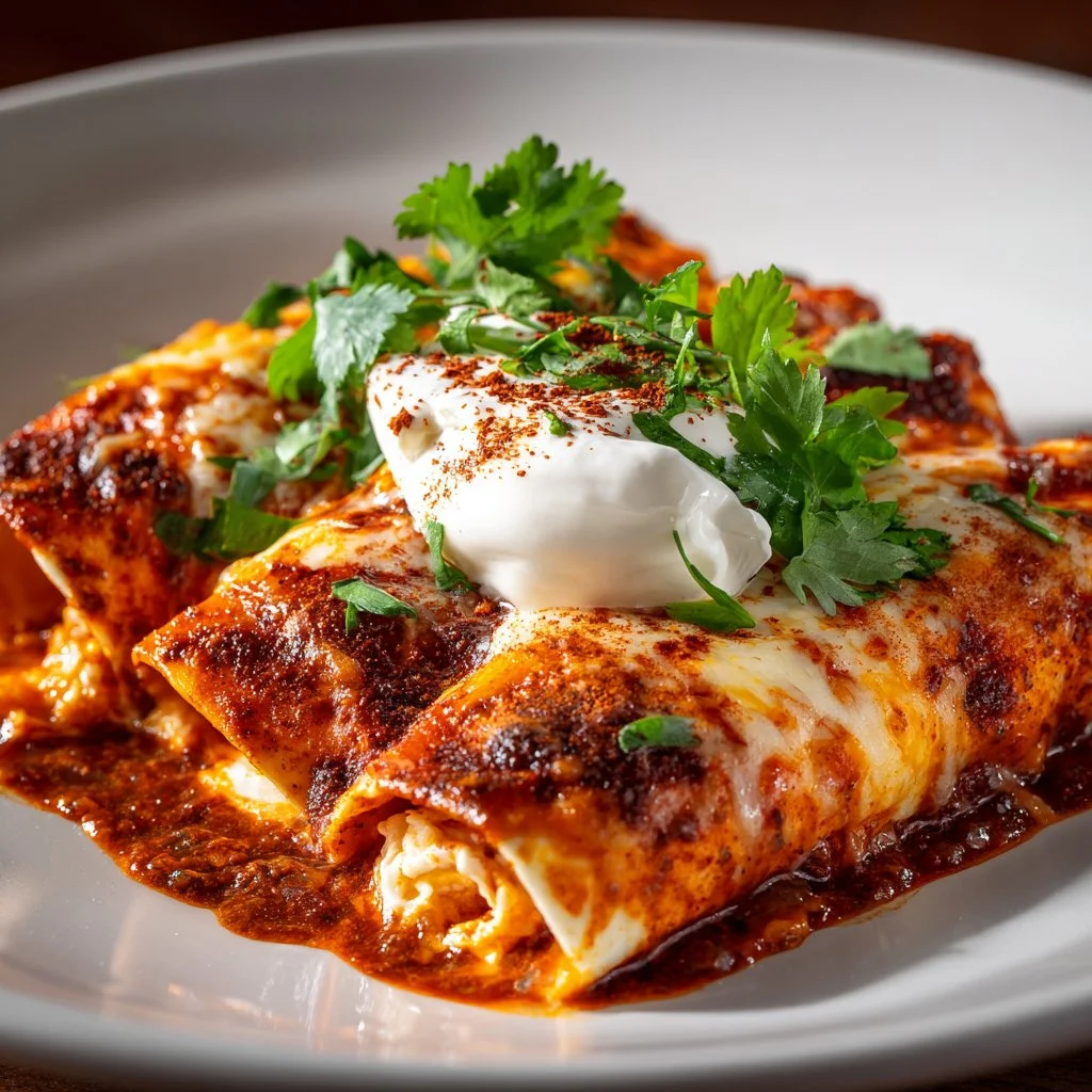 Delicious chicken enchiladas topped with cheese and cilantro on a plate.