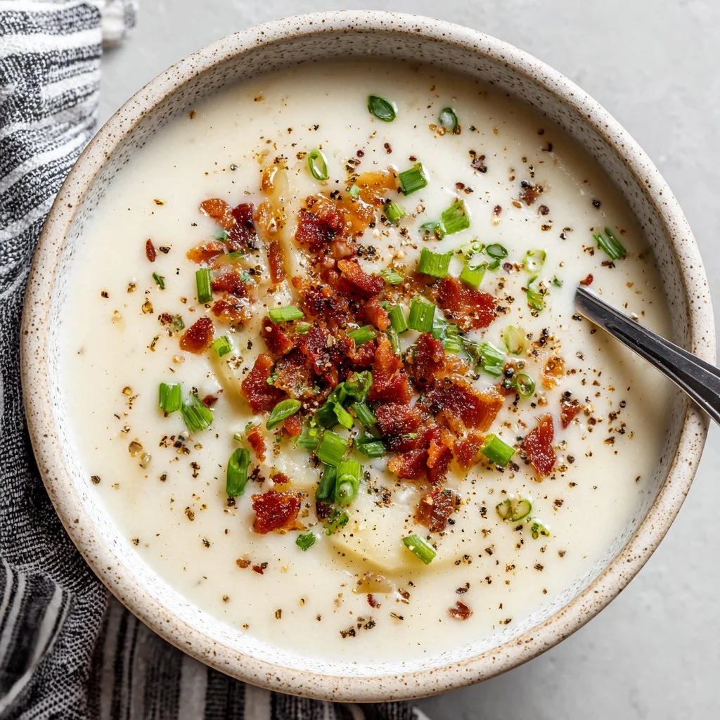 Ultra creamy loaded potato soup served in a bowl with toppings