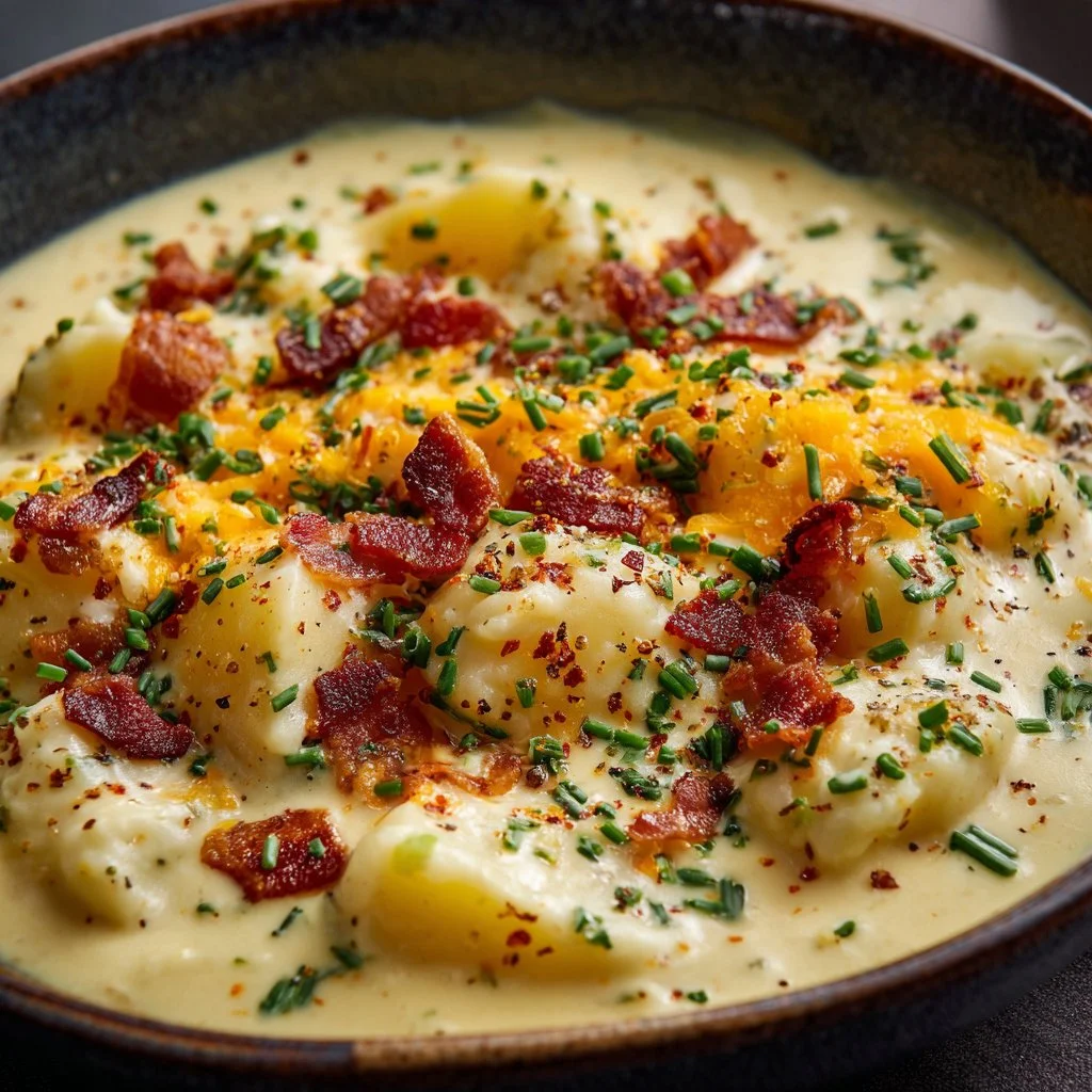 Bowl of ultra-creamy loaded potato soup garnished with bacon and chives