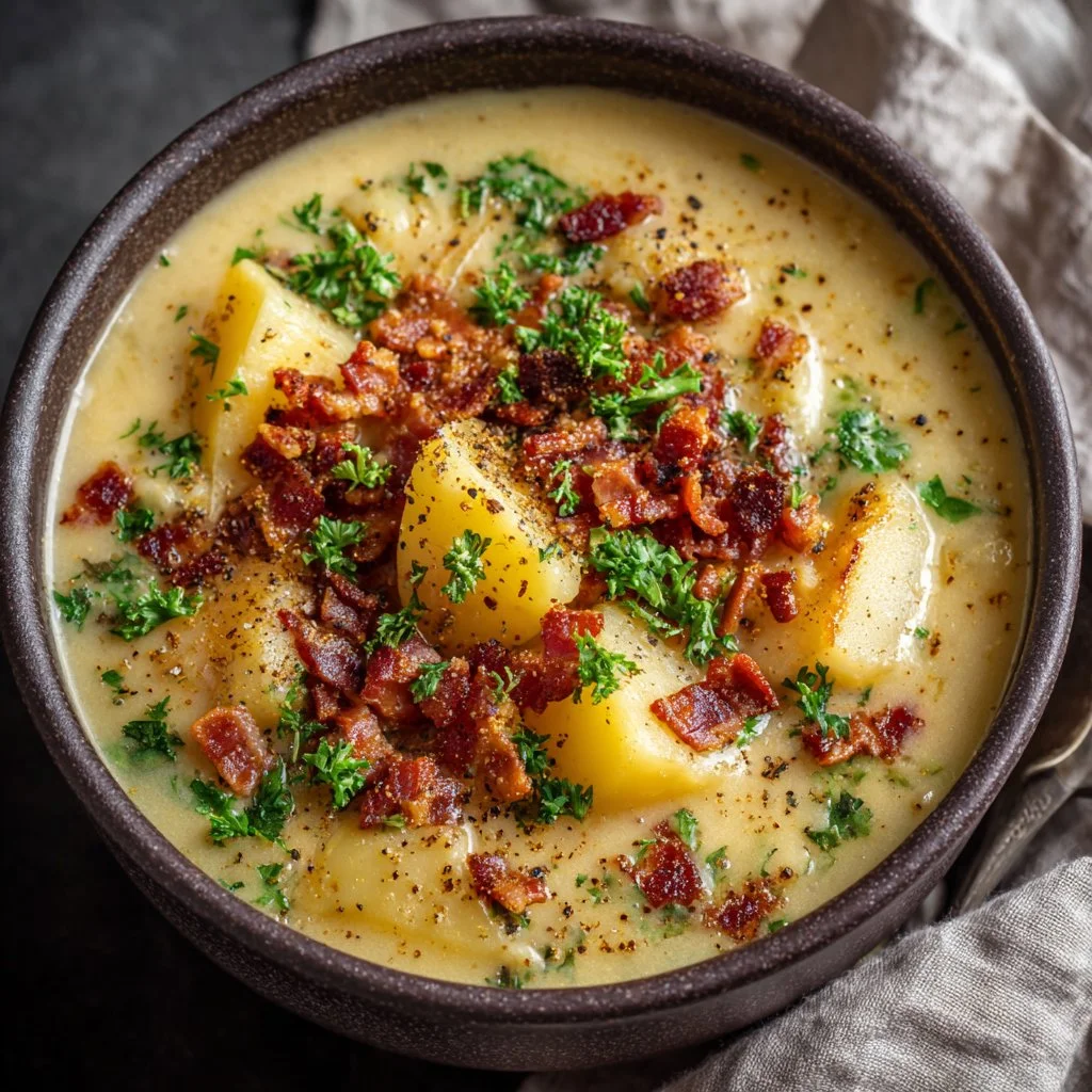 Bowl of ultra-creamy potato soup garnished with green onions and herbs