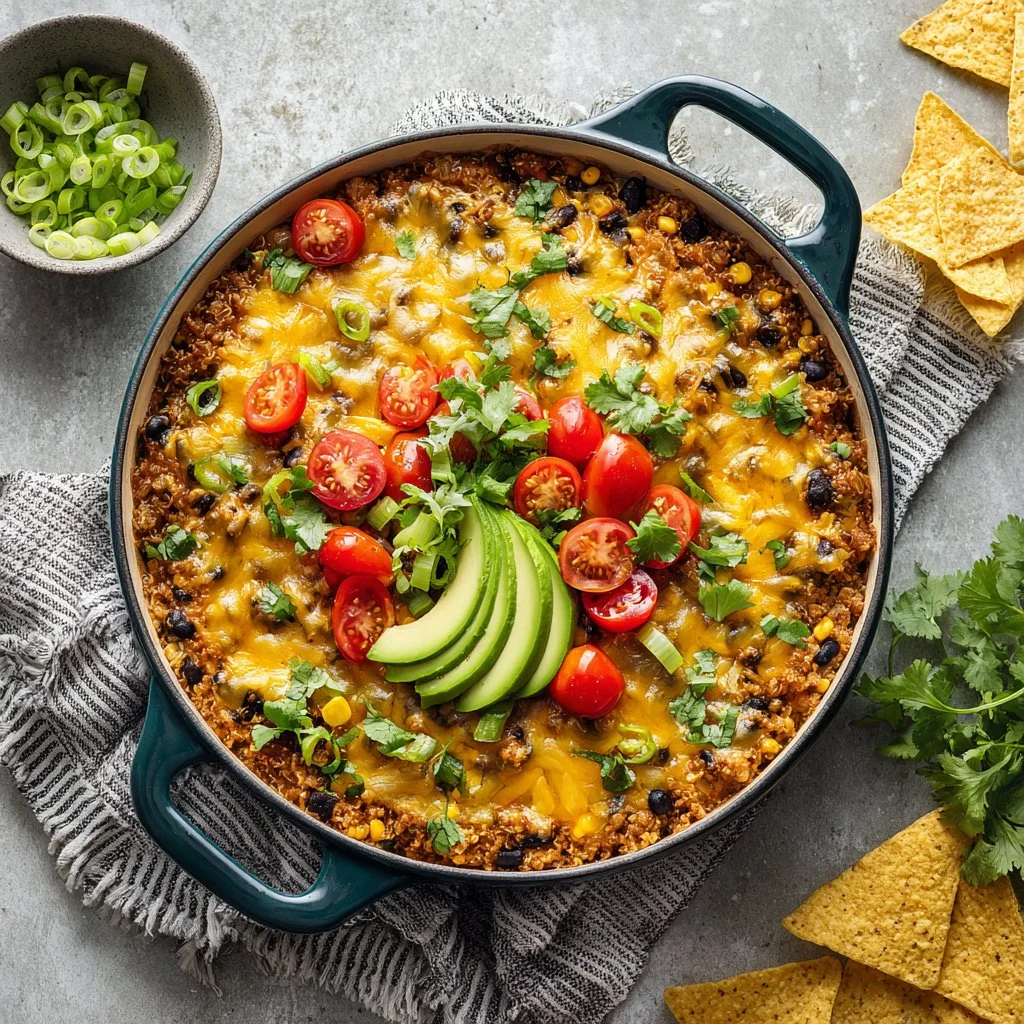 Colorful vegetarian taco skillet filled with fresh vegetables and spices.
