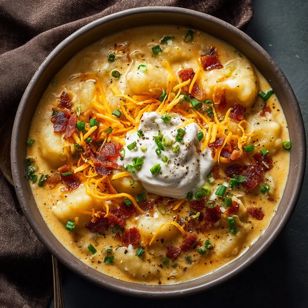 Bowl of warm and loaded baked potato soup topped with cheese and bacon