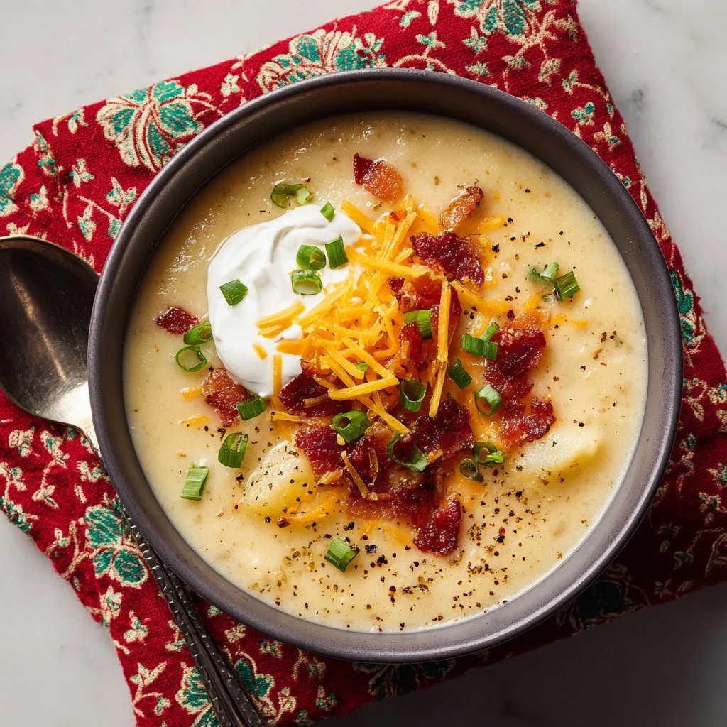 Bowls of warm and comforting loaded baked potato soup topped with cheese and chives