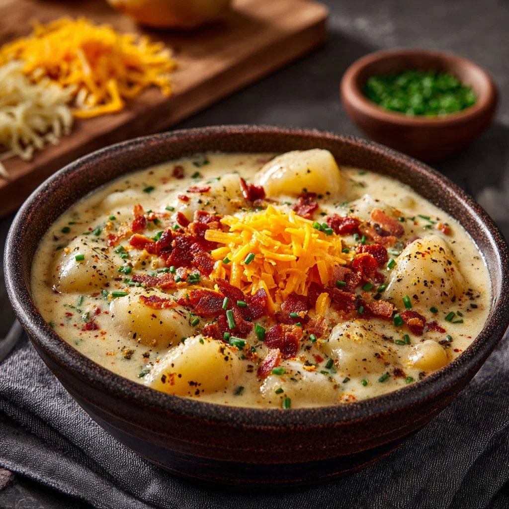 Bowl of warm and comforting loaded potato soup topped with cheese and bacon