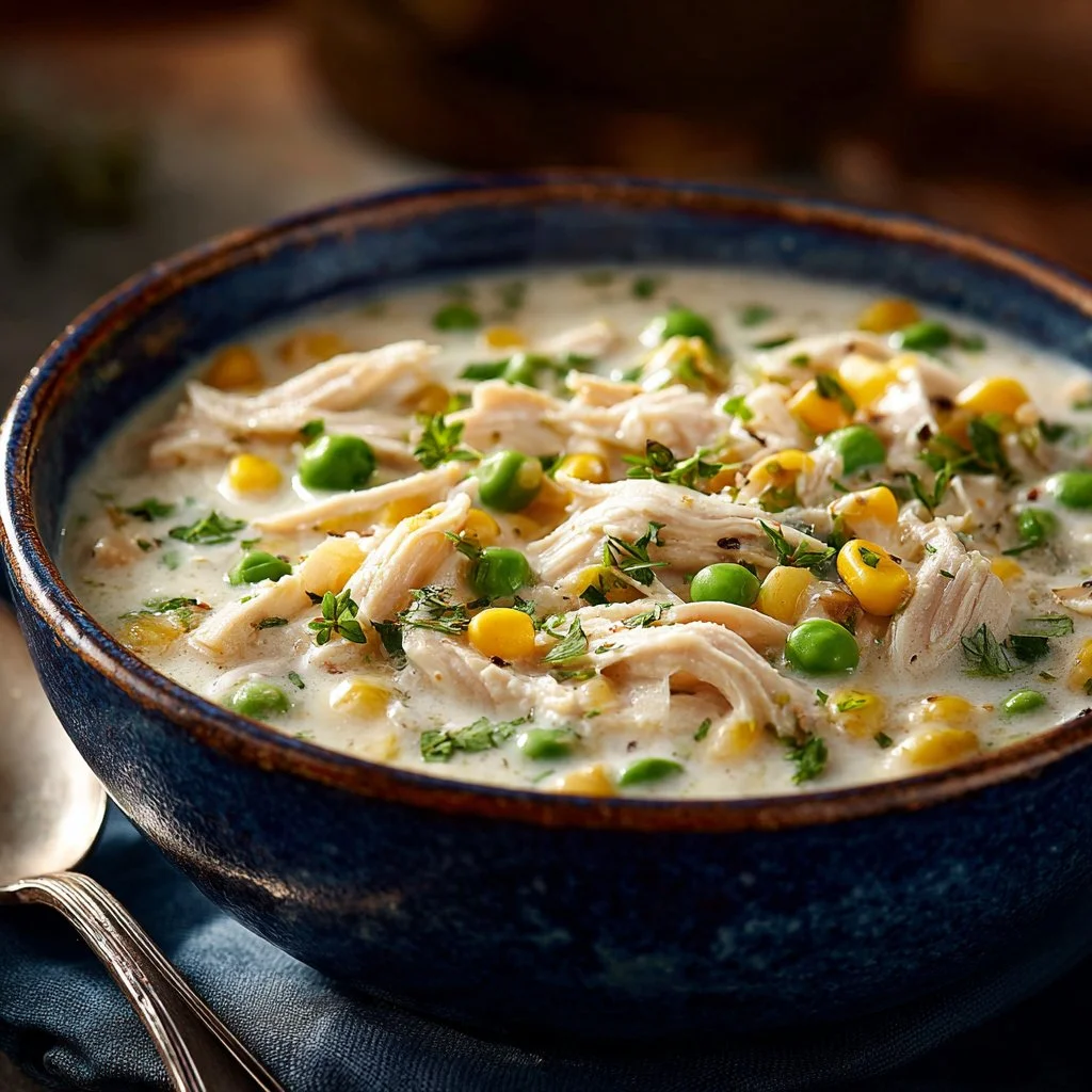 Delicious bowl of white chicken chili topped with cilantro and avocado slices.