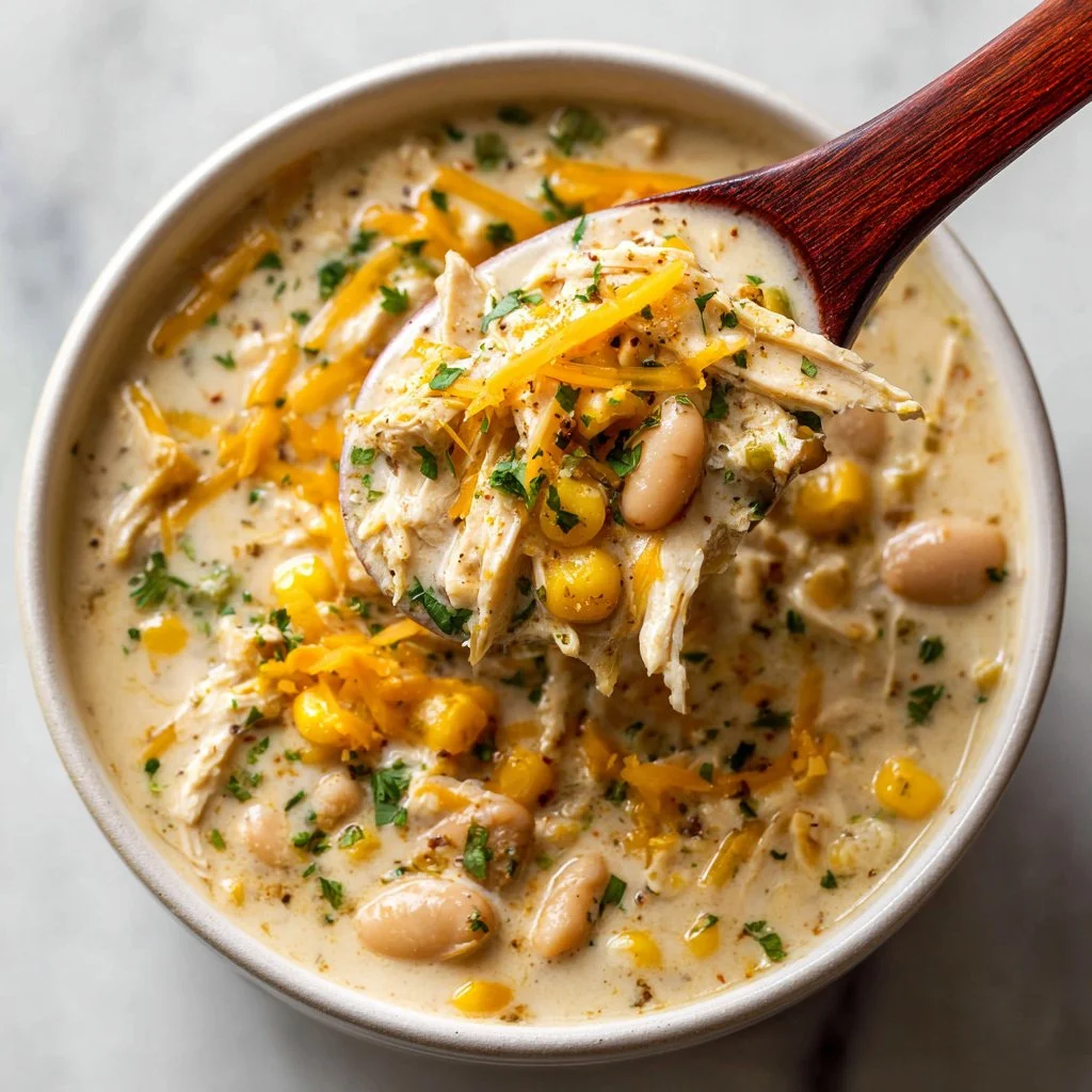 Delicious bowl of white chicken chili garnished with cilantro and lime