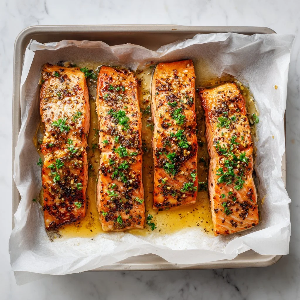Delicious garlic butter salmon fillet garnished with herbs