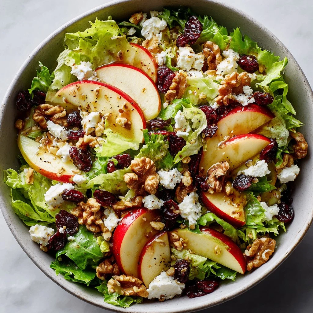Honeycrisp apple feta salad with mixed greens and walnuts in a bowl