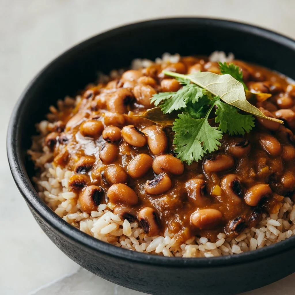 Delicious bowl of authentic vegan black eyed peas garnished with herbs