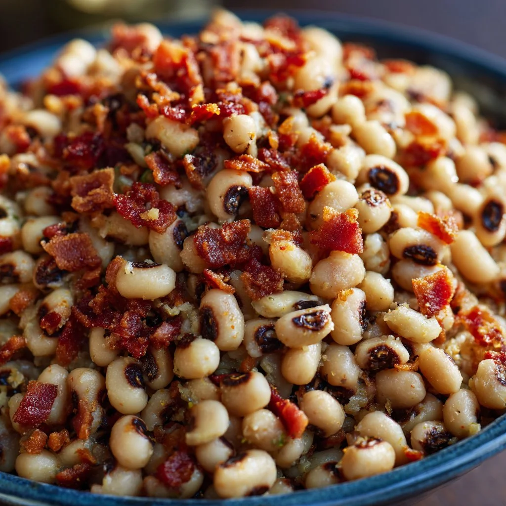 Delicious Bacon Black Eyed Peas served in a rustic bowl