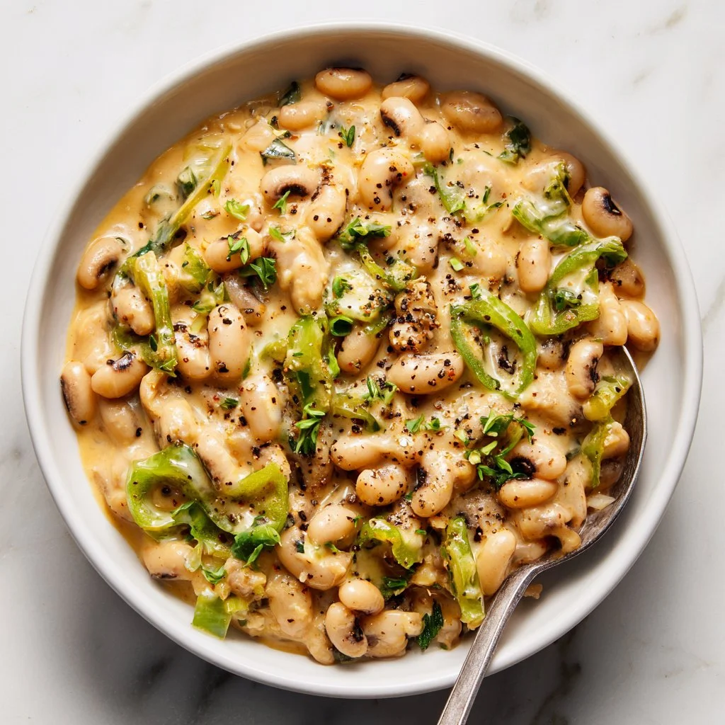 Creamy Southern black eyed peas dish served in a bowl