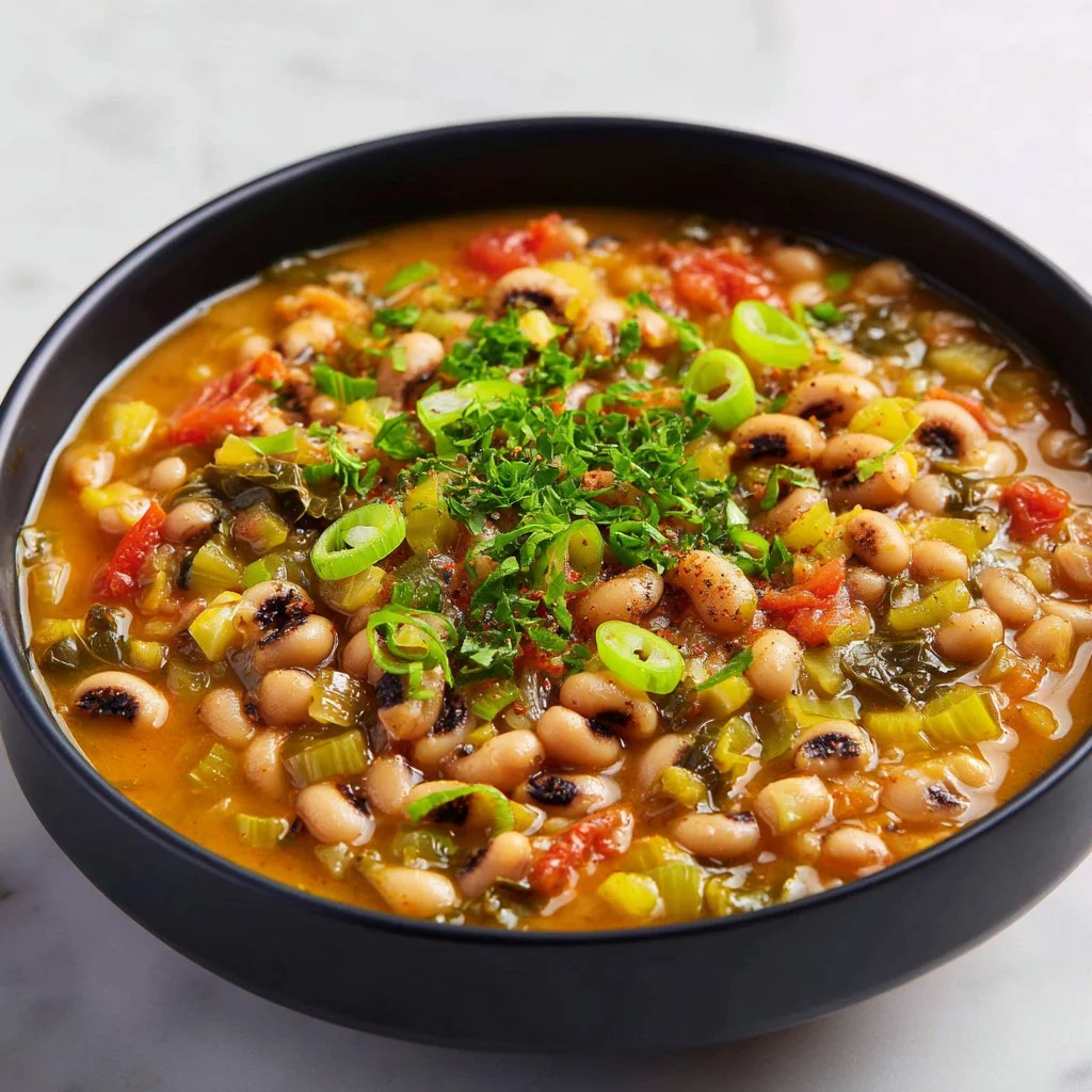 Delicious bowl of vegan black-eyed peas garnished with herbs and spices