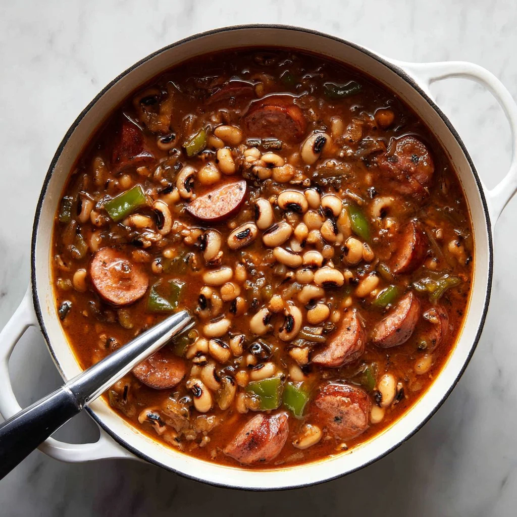 Delicious Black-Eyed Peas and Sausage Stew served in a bowl