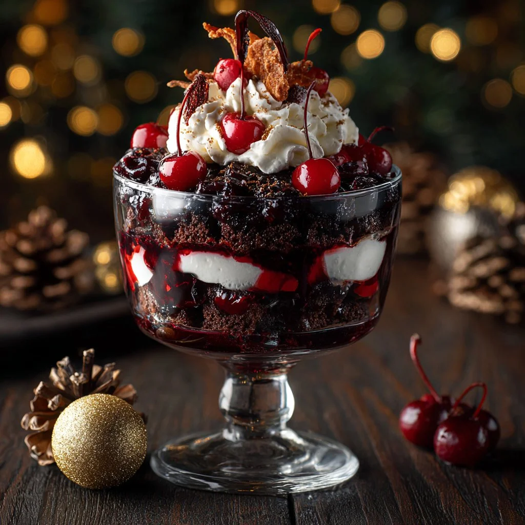 Delicious Black Forest Trifle dessert with chocolate, cherries, and whipped cream