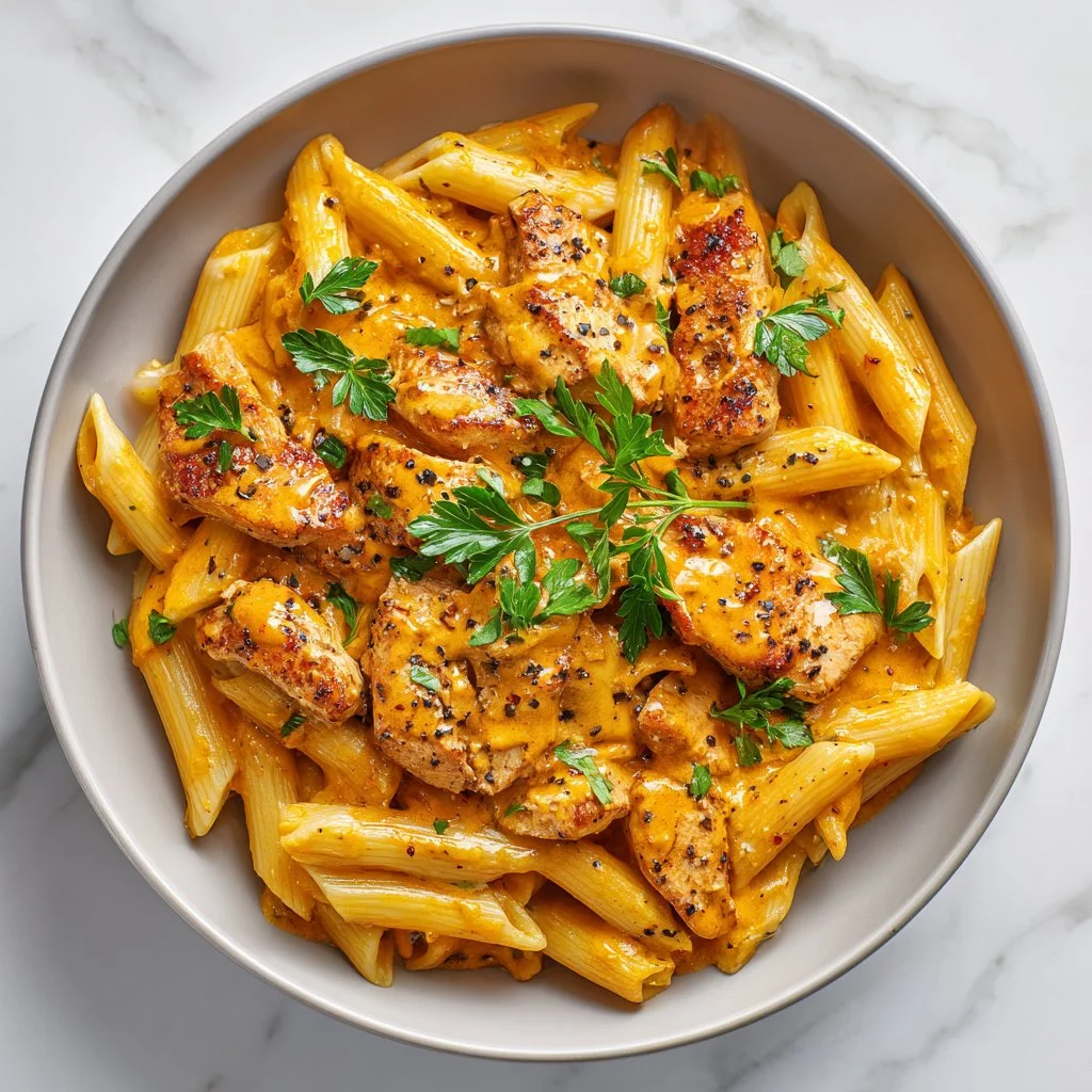 Creamy Cajun Chicken Pasta garnished with herbs and spices in a bowl